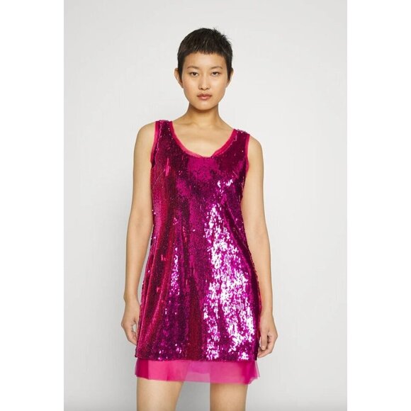 Halston Aishia Sequin Sheath Mini Dress in Sequin Begonia Womens Size 14 - Picture 1 of 12